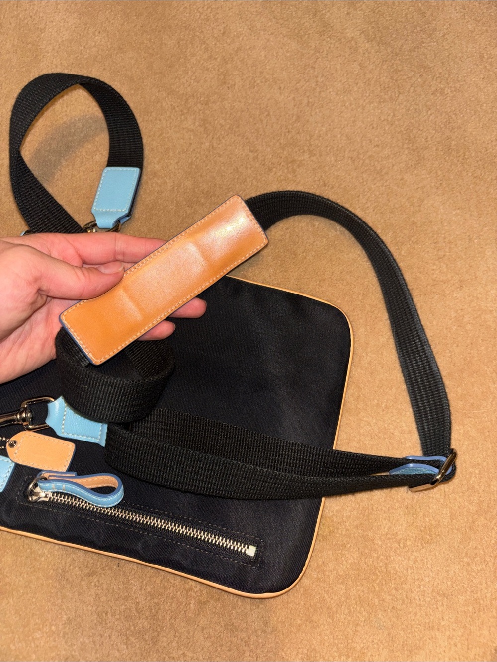 Coach Black Crossbody with Tan Trim and Light Blue Accents - Picture 8 of 9